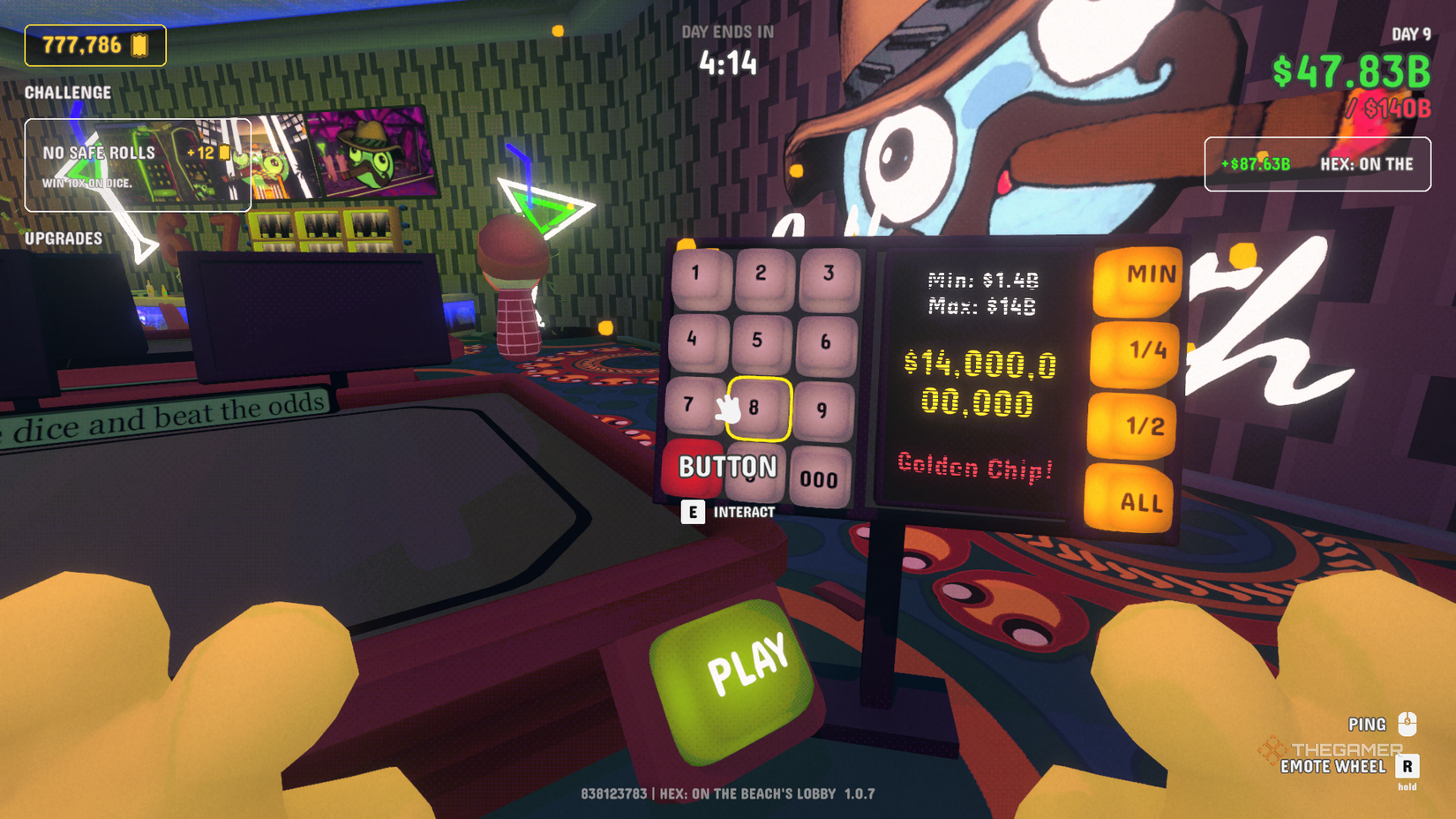 Street Craps table with betting keypad and Golden Chip prompt